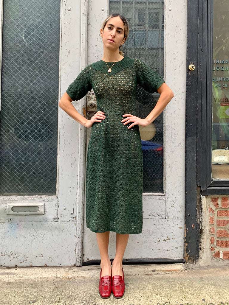 1960s Olive Crochet Knit Dress