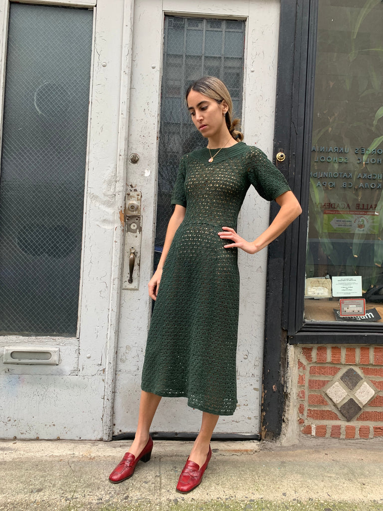 1960s Olive Crochet Knit Dress