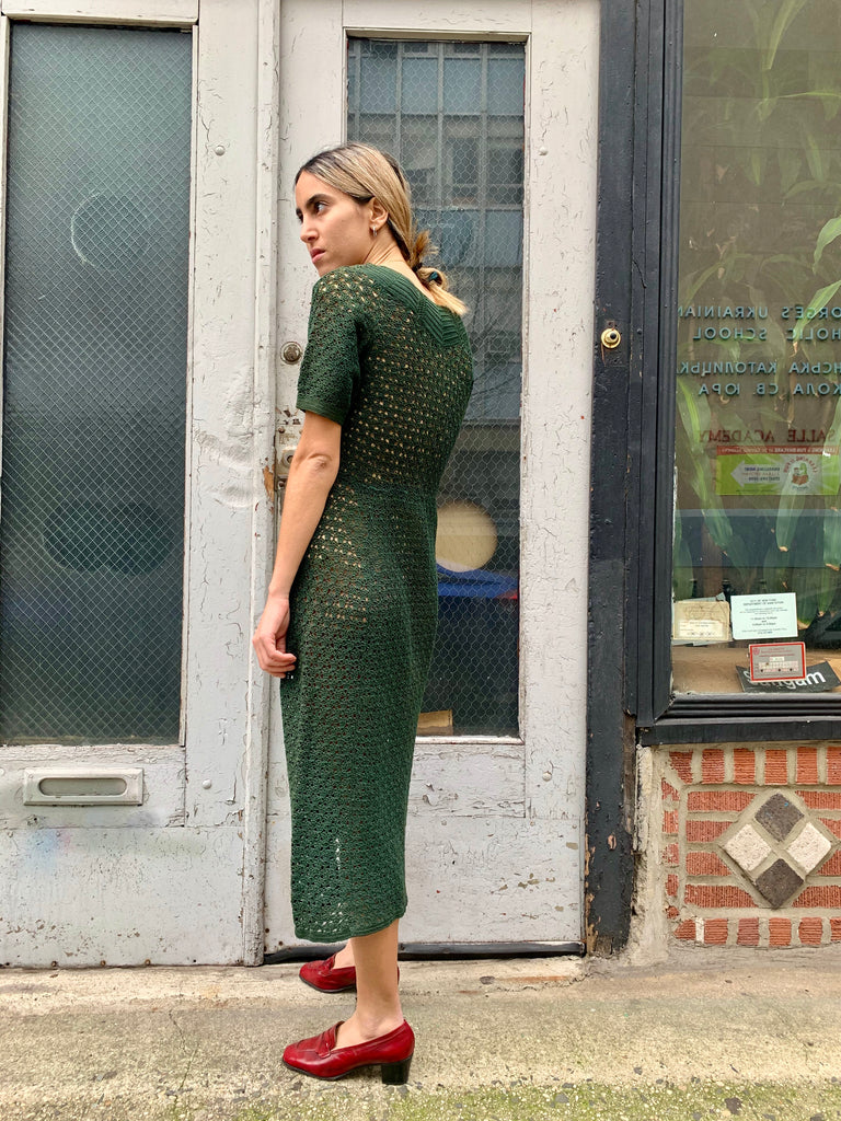 1960s Olive Crochet Knit Dress