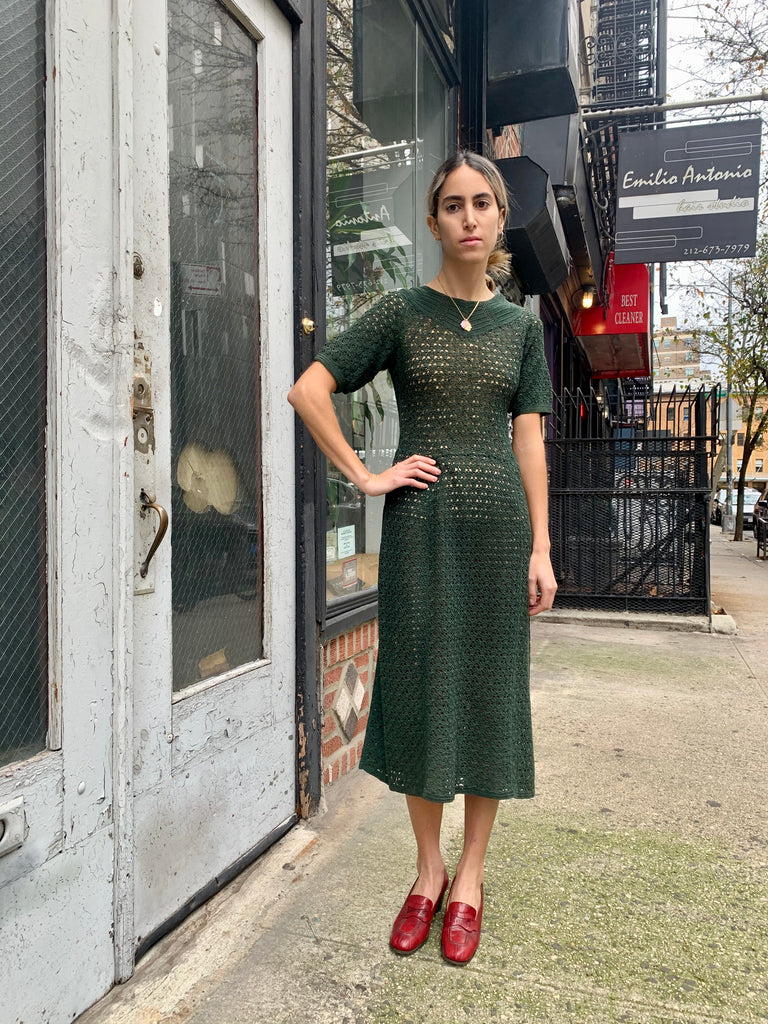 1960s Olive Crochet Knit Dress