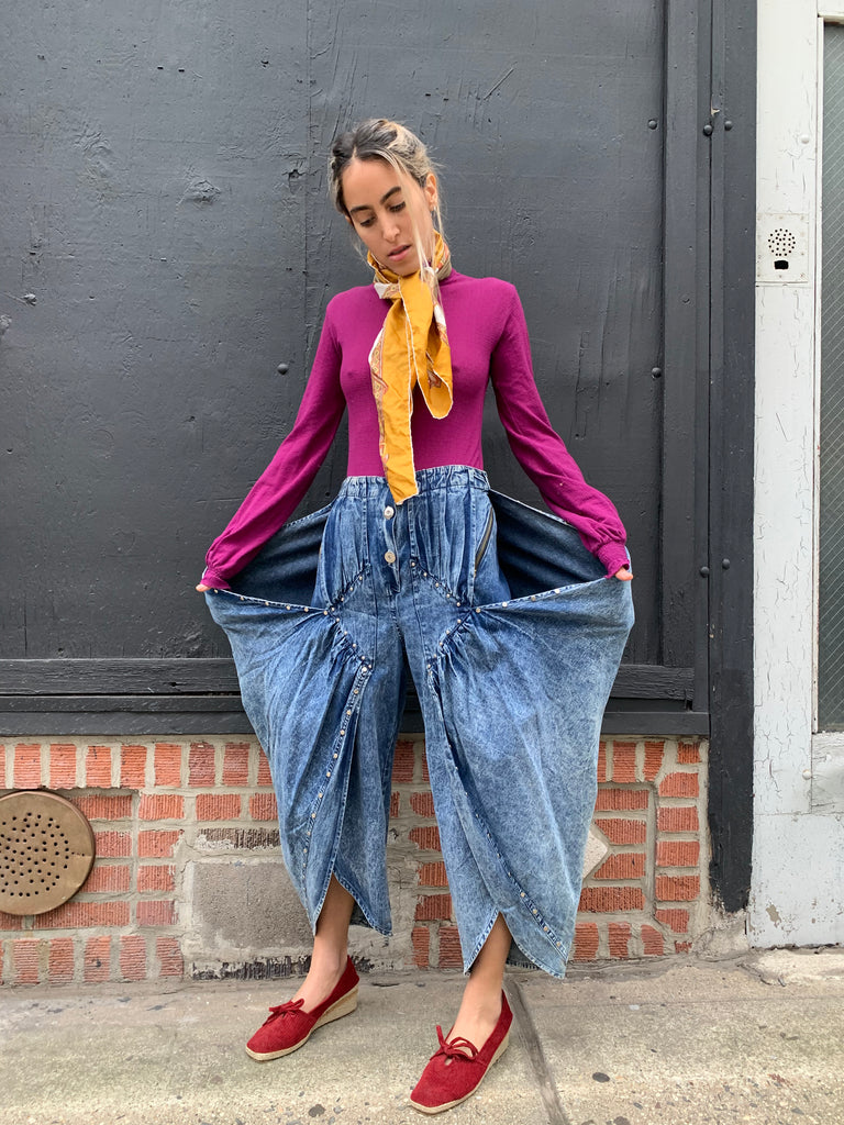 1980’s Stonewash Gaucho Pants with Flaps and Metal Studs