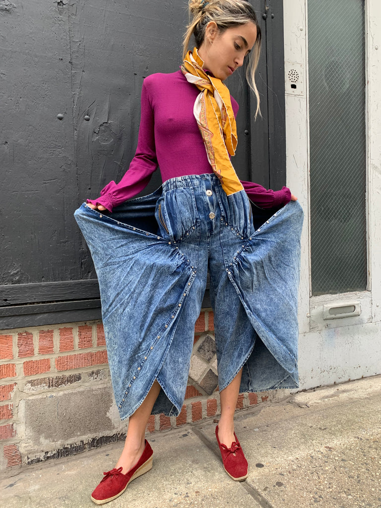 1980’s Stonewash Gaucho Pants with Flaps and Metal Studs