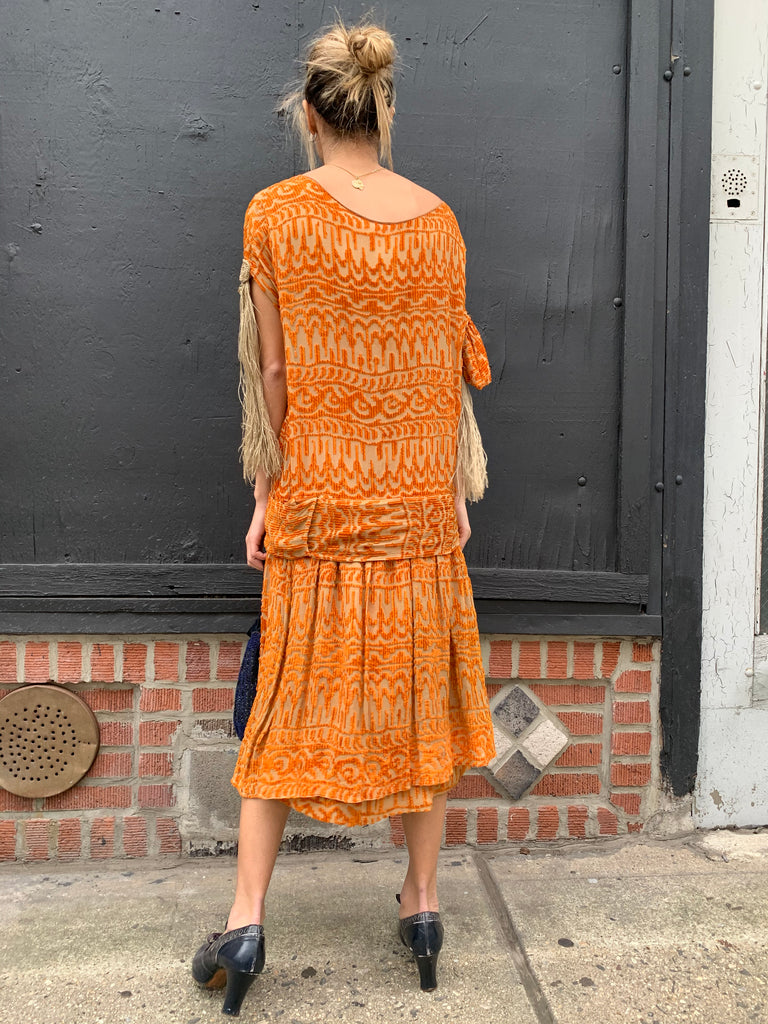1920’s Burnt Orange Velvet Silk Dress with Tassels