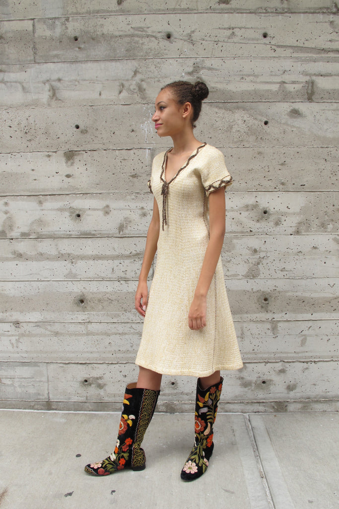 1970's Cream Knit Dress with Zig-Zag Trim - SOLD