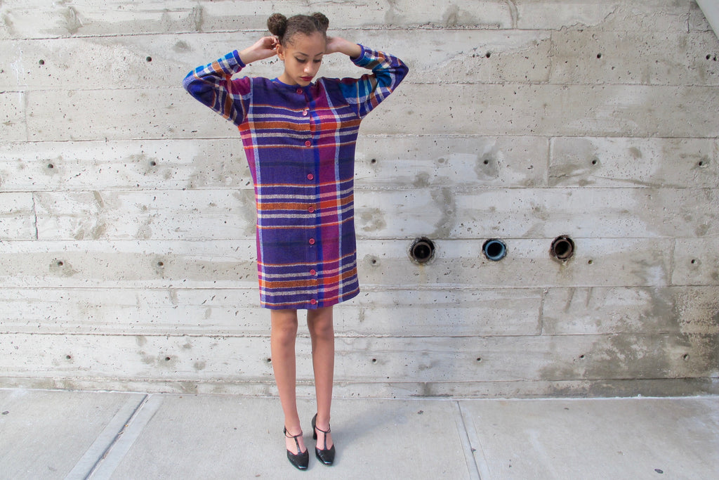 1980's Missoni Knit Purple, Pink, Green, White Plaid Dress