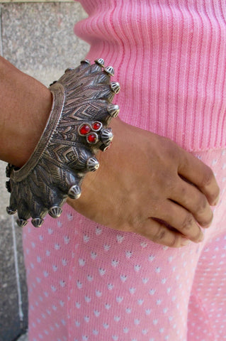 Afghani Silver Column Cuff with Latticework