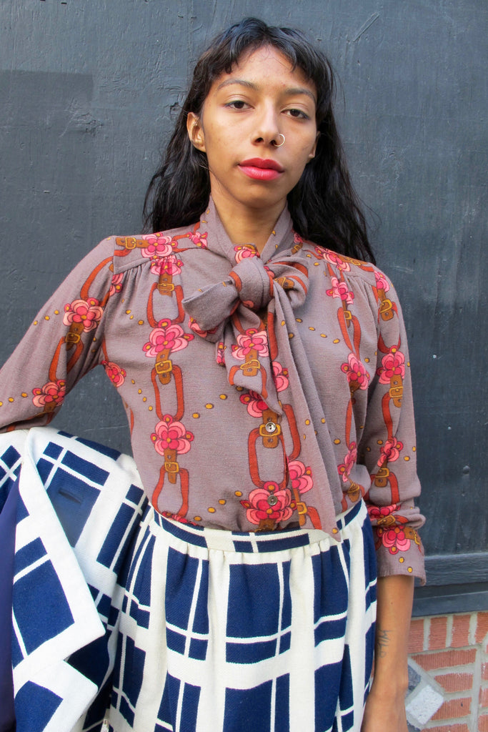 1960's Wool Flower Bridle Print Tie Blouse