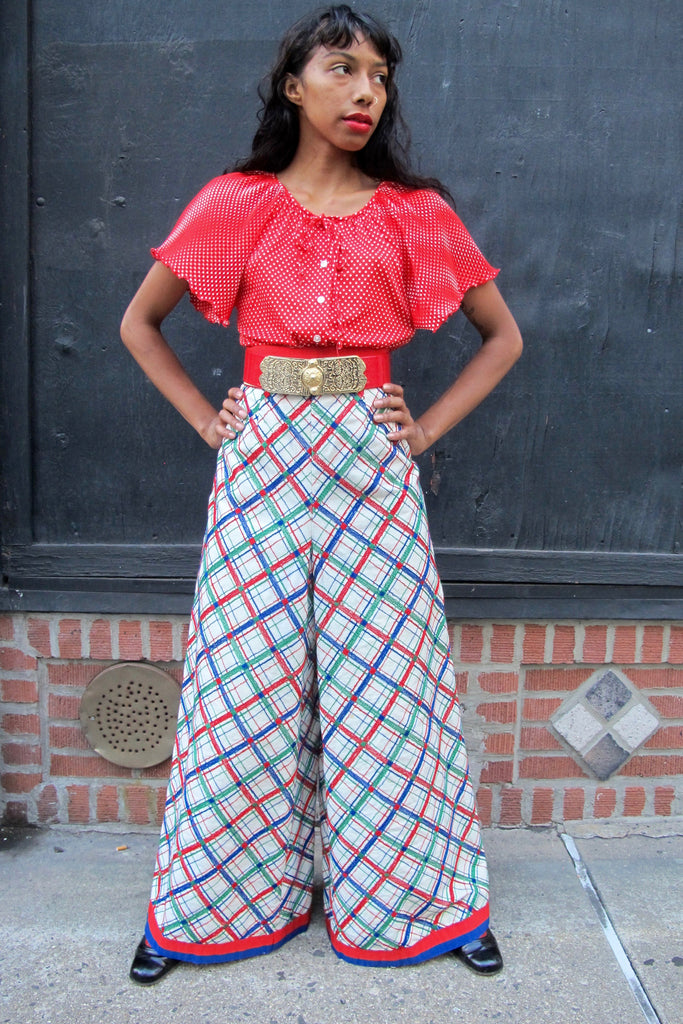 1960-70's Embroidered Checked Wide-Leg Pants SOLD