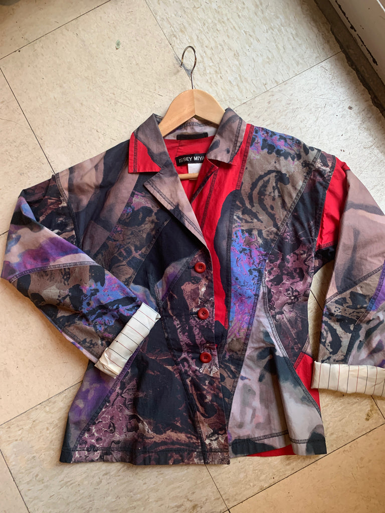 1990s Issey Miyake Japanese Designer Printed Painterly Patchwork Tie Dye Blazer Jacket