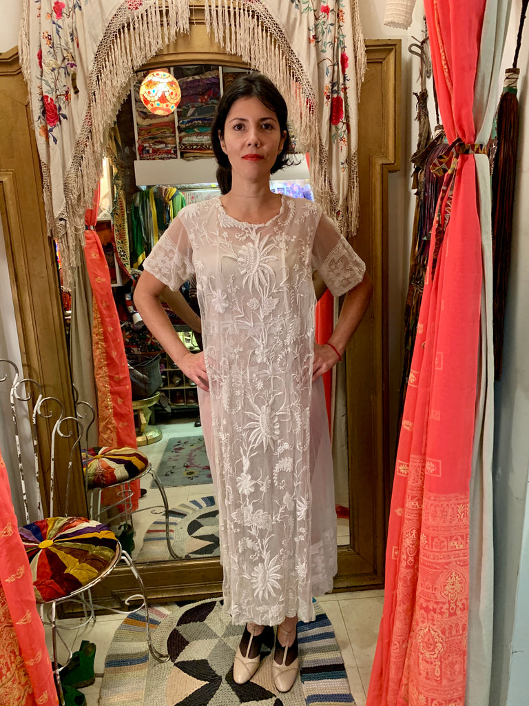 1910s Edwardian Hand-Crocheted and Embroidered Dress
