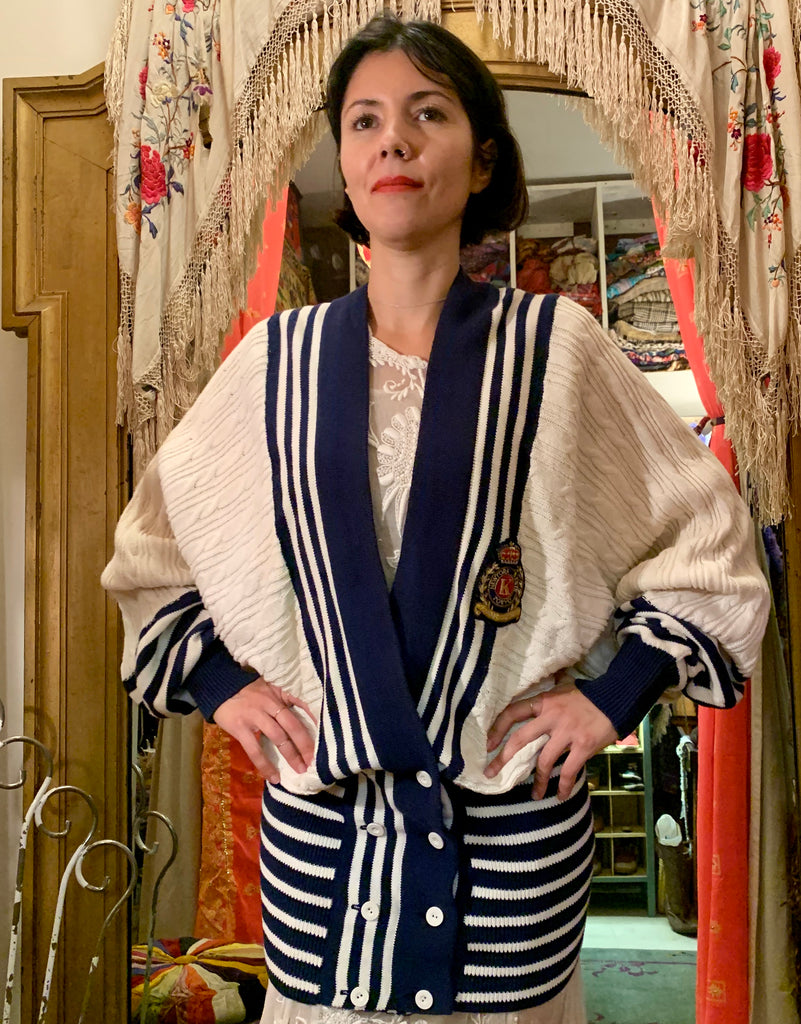 1980s Kansai Emblem Cable-knit Cardigan Sweater with Stripes