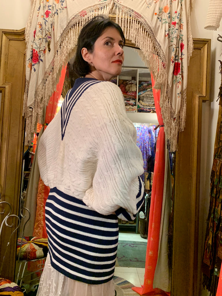 1980s Kansai Emblem Cable-knit Cardigan Sweater with Stripes