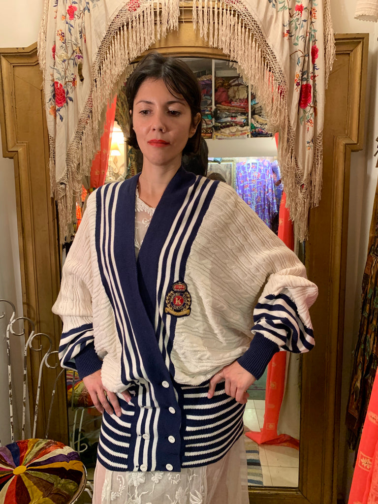 1980s Kansai Emblem Cable-knit Cardigan Sweater with Stripes