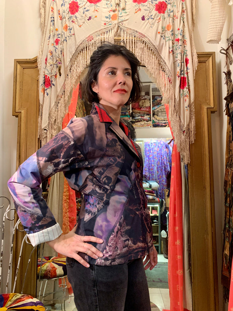 1990s Issey Miyake Japanese Designer Printed Painterly Patchwork Tie Dye Blazer Jacket