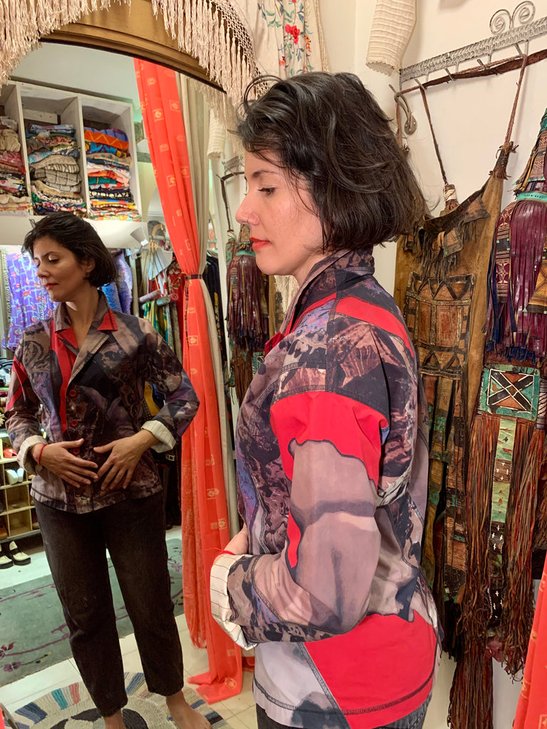 1990s Issey Miyake Japanese Designer Printed Painterly Patchwork Tie Dye Blazer Jacket