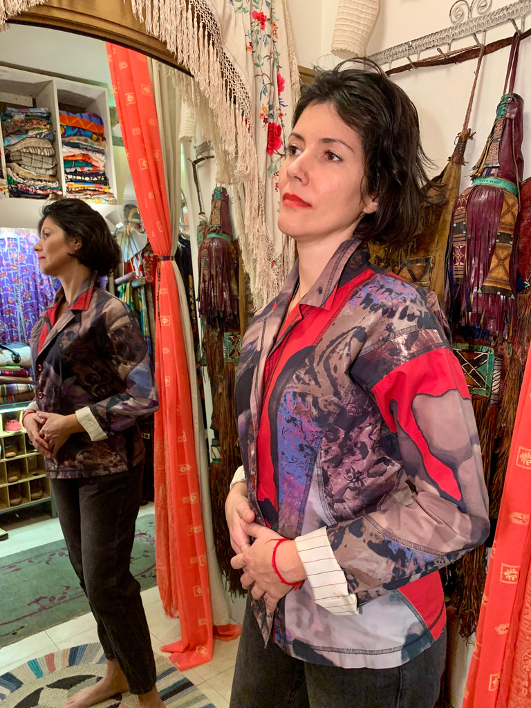 1990s Issey Miyake Japanese Designer Printed Painterly Patchwork Tie Dye Blazer Jacket