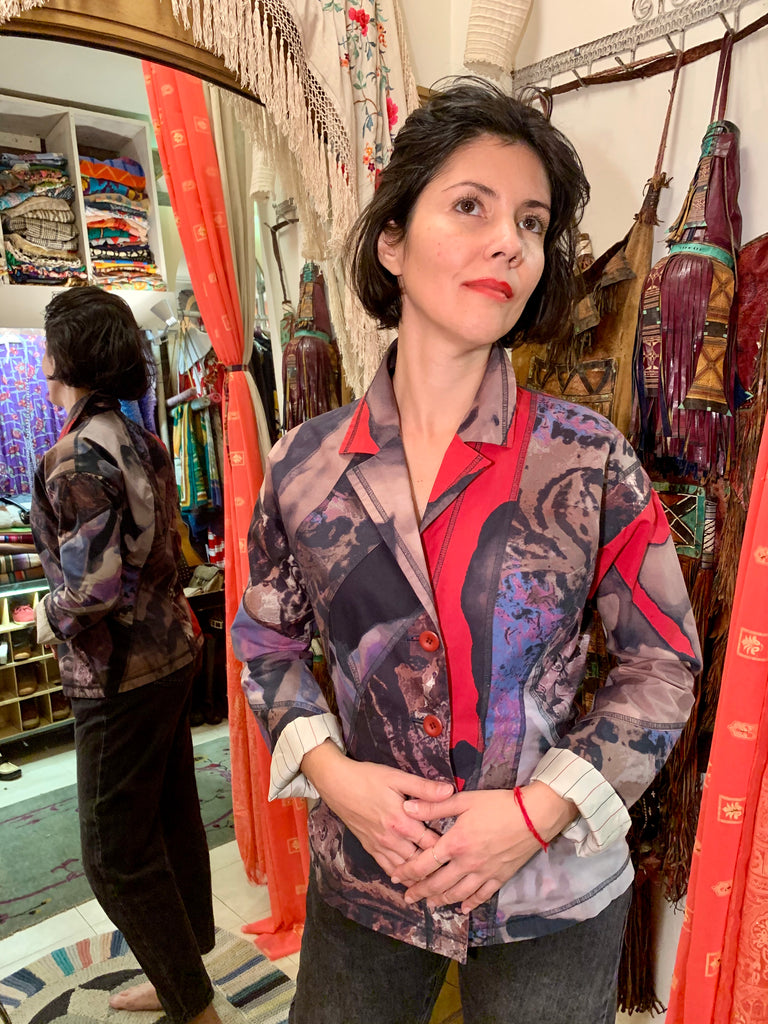1990s Issey Miyake Japanese Designer Printed Painterly Patchwork Tie Dye Blazer Jacket