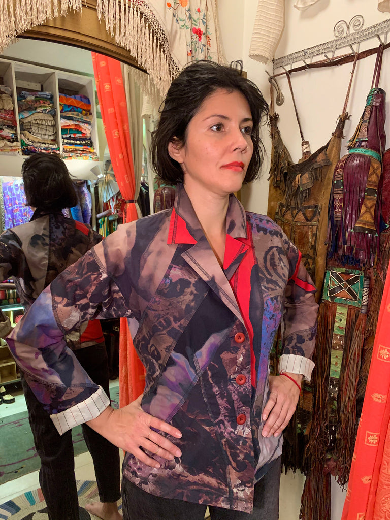 1990s Issey Miyake Japanese Designer Printed Painterly Patchwork Tie Dye Blazer Jacket