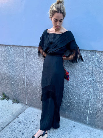 1980’s Knit Jumpsuit with Fringed Shoulders and Slit Back