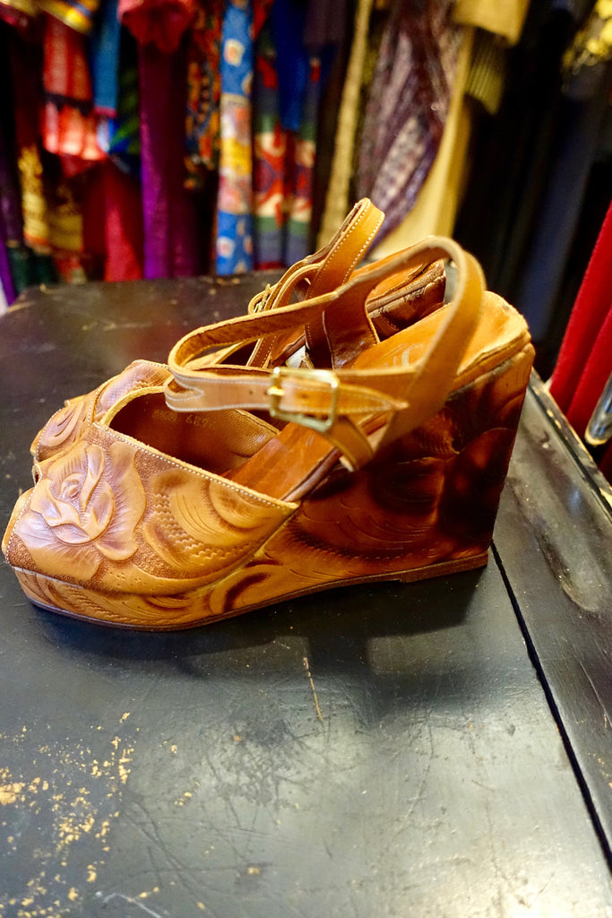 1970's "Trashy" Tooled Leather Wedge Shoes - SOLD