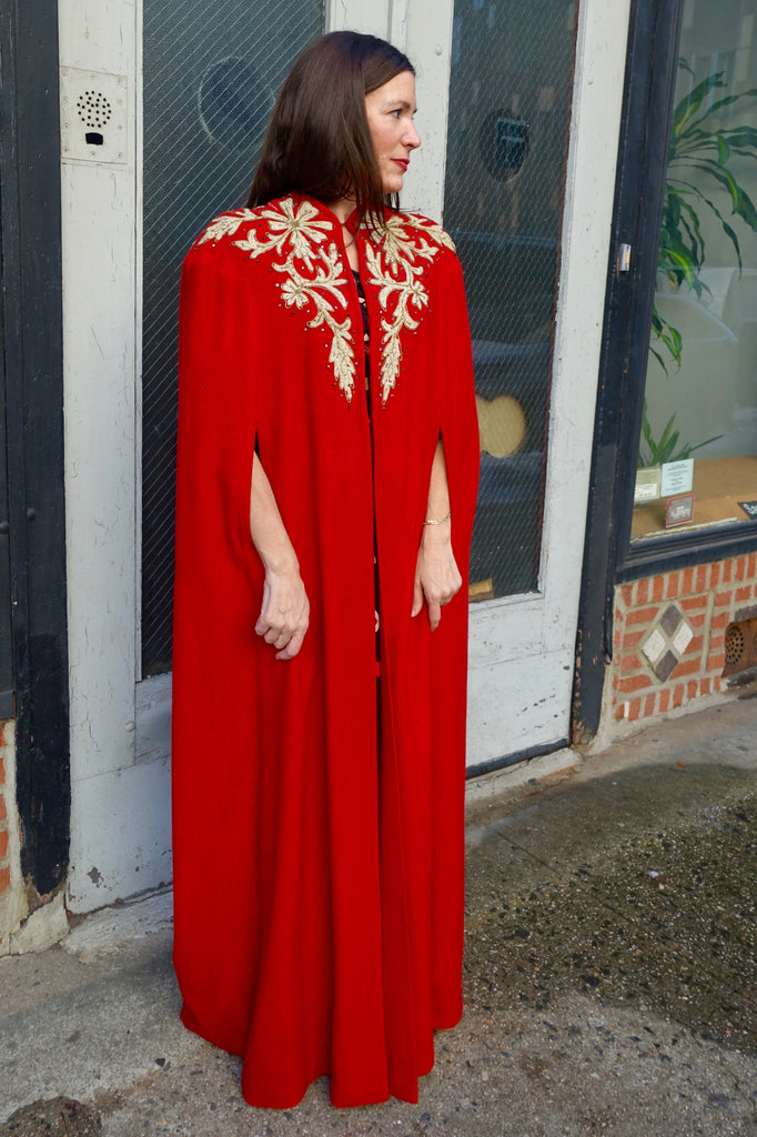 Early 1940's Red Wool Embroidered Cape