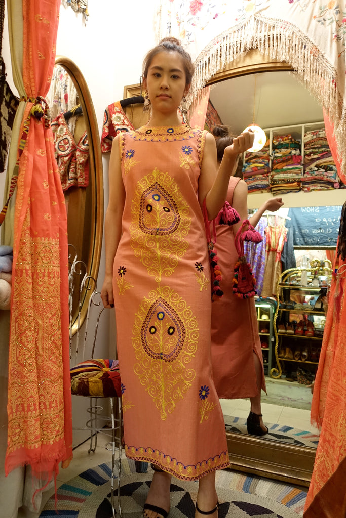 1970's Cantaloupe Woven Embroidered Dress - SOLD