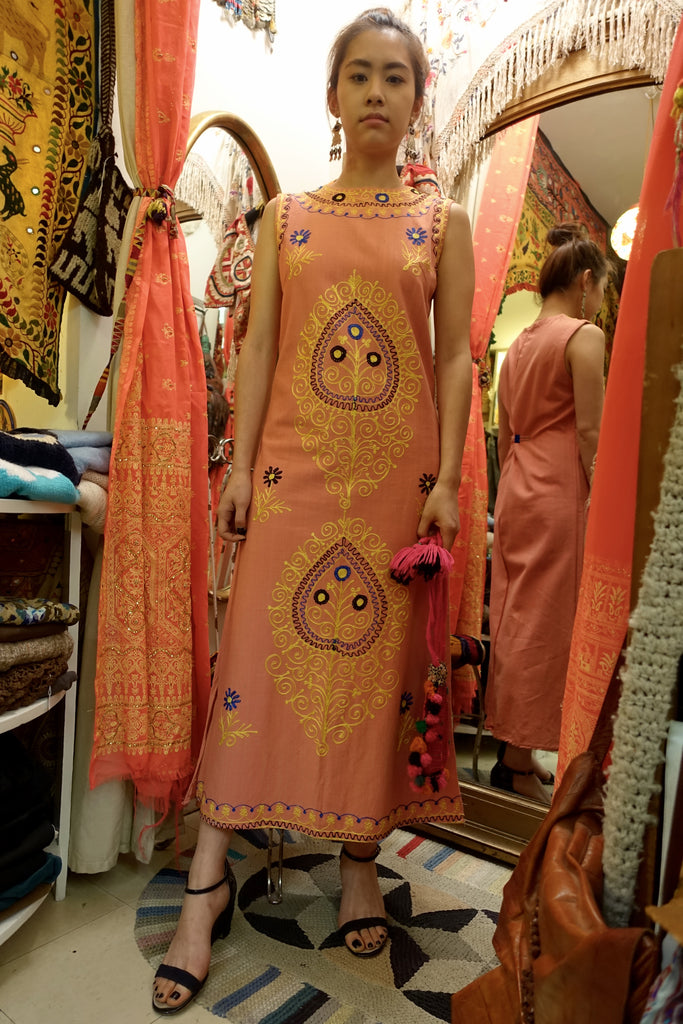 1970's Cantaloupe Woven Embroidered Dress - SOLD