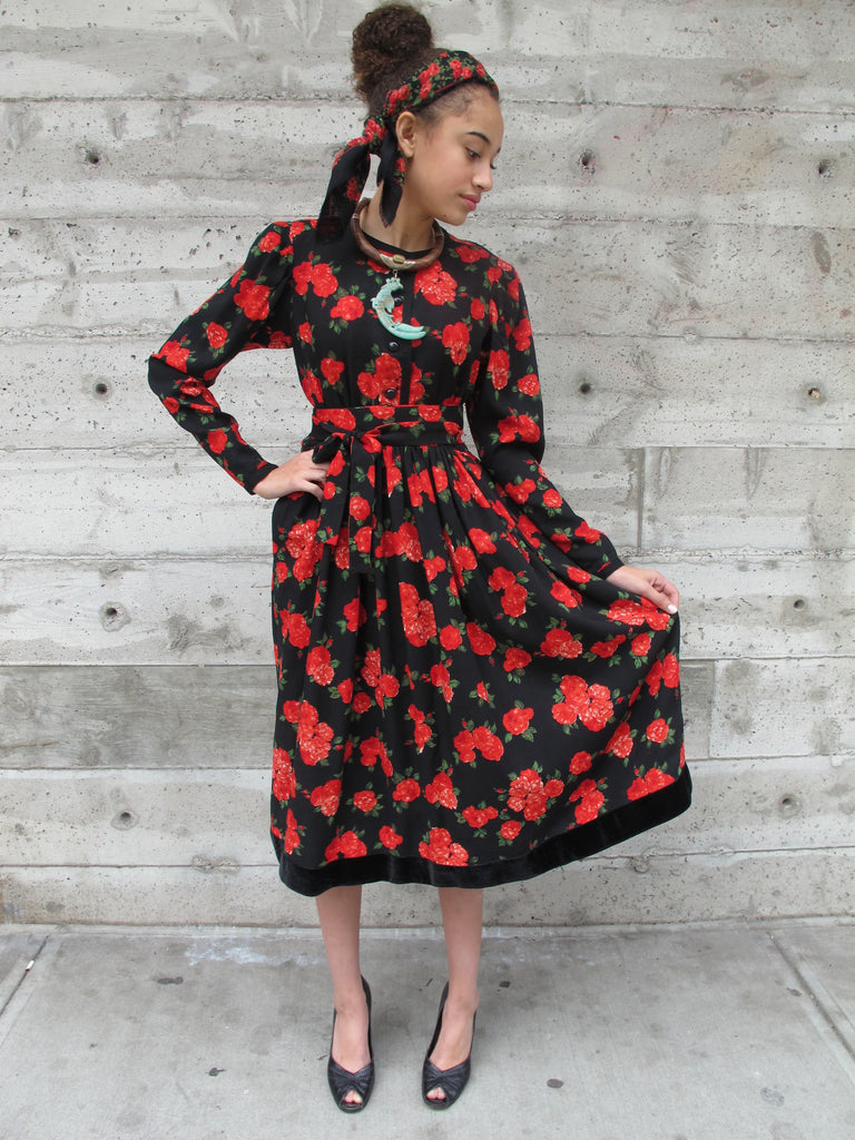 1980's Yves Saint-Laurent Belted Floral Peasant Dress with