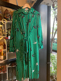 1970s Vintage Issey Miyake Green Striped Bird Print Dress - SOLD