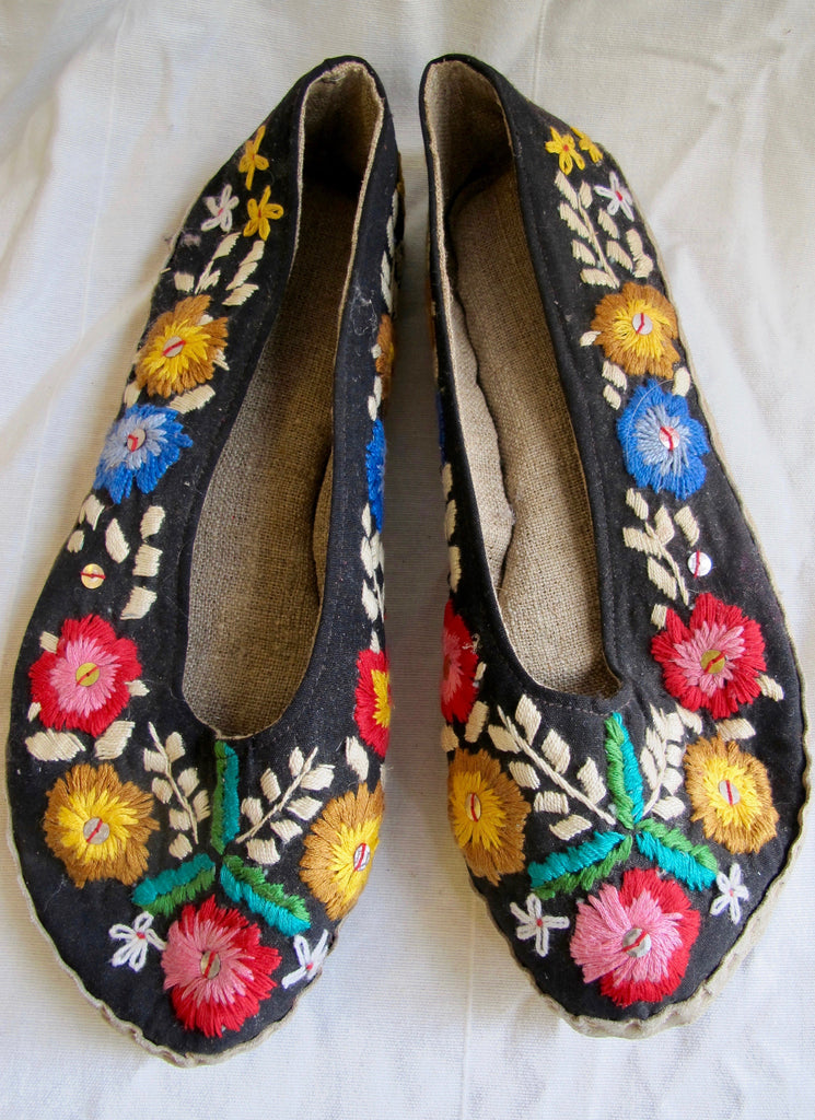 Eastern European Ethnic Floral Embroidered Slippers - SOLD