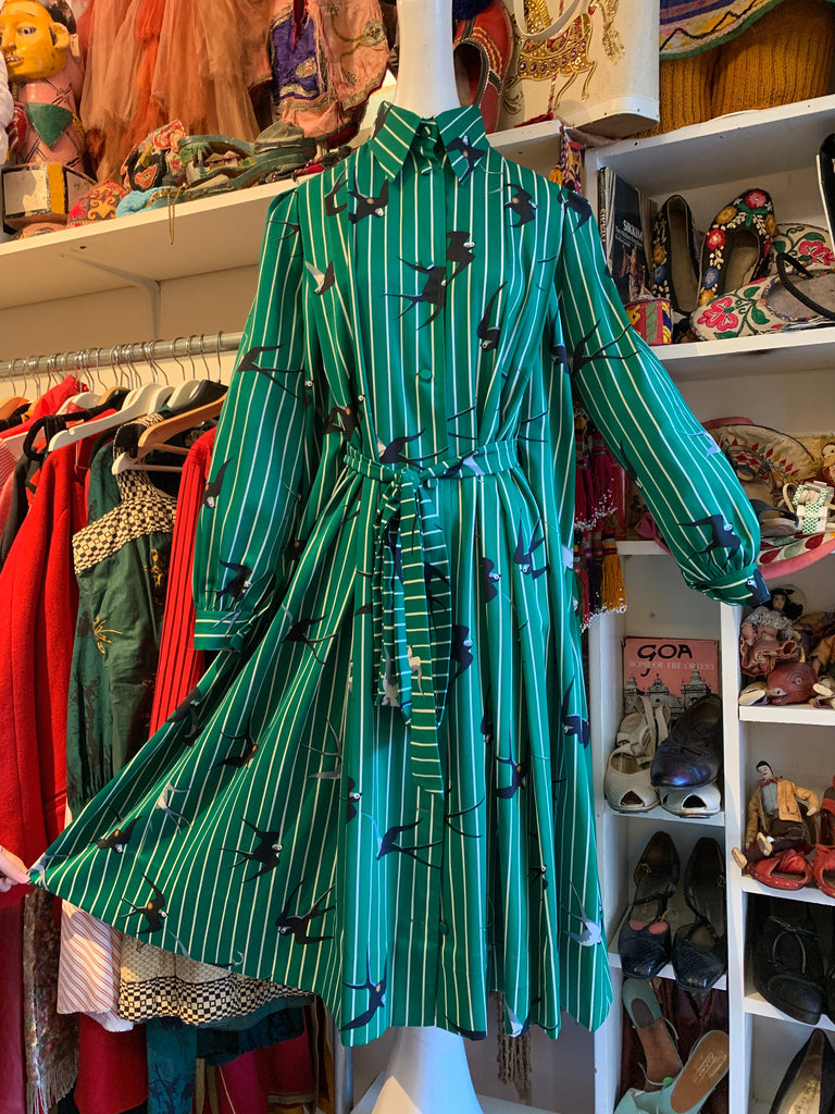 1970s Vintage Issey Miyake Green Striped Bird Print Dress - SOLD