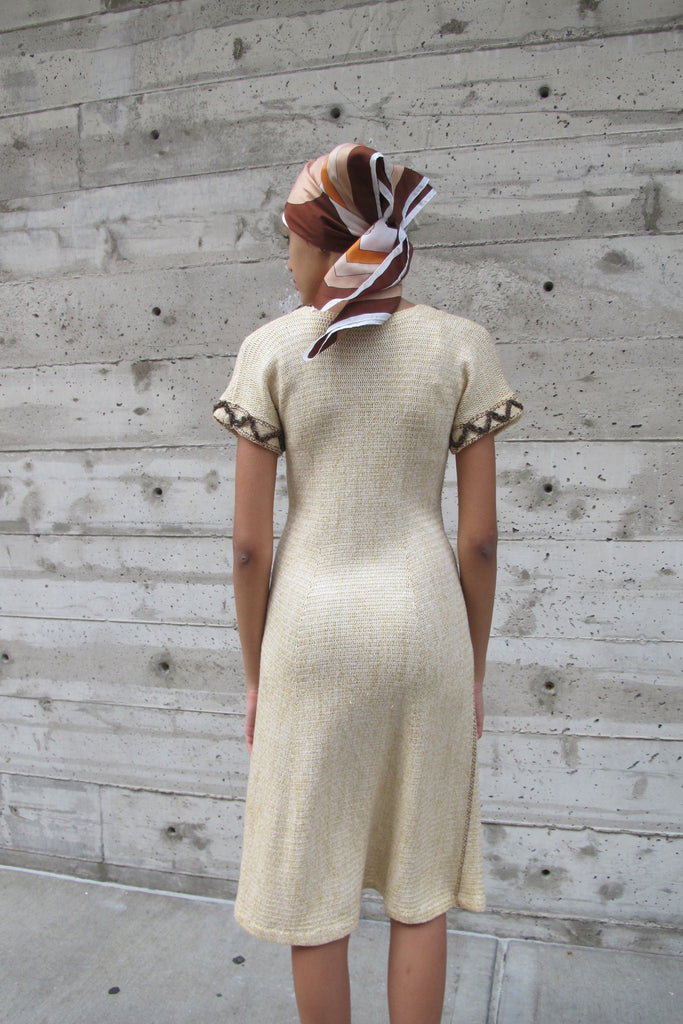 1970's Cream Knit Dress with Zig-Zag Trim - SOLD