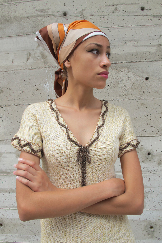 1970's Cream Knit Dress with Zig-Zag Trim - SOLD