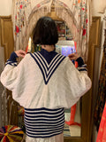 1980s Kansai Emblem Cable-knit Cardigan Sweater with Stripes