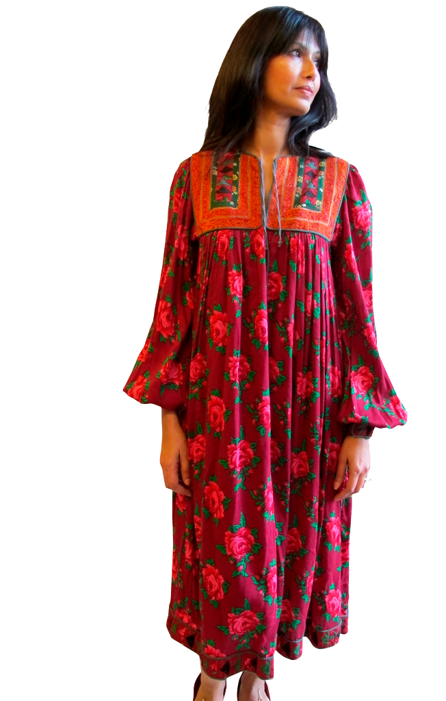 1960-70's Afghani Floral Print Dress with Patchwork Embellishment - SOLD